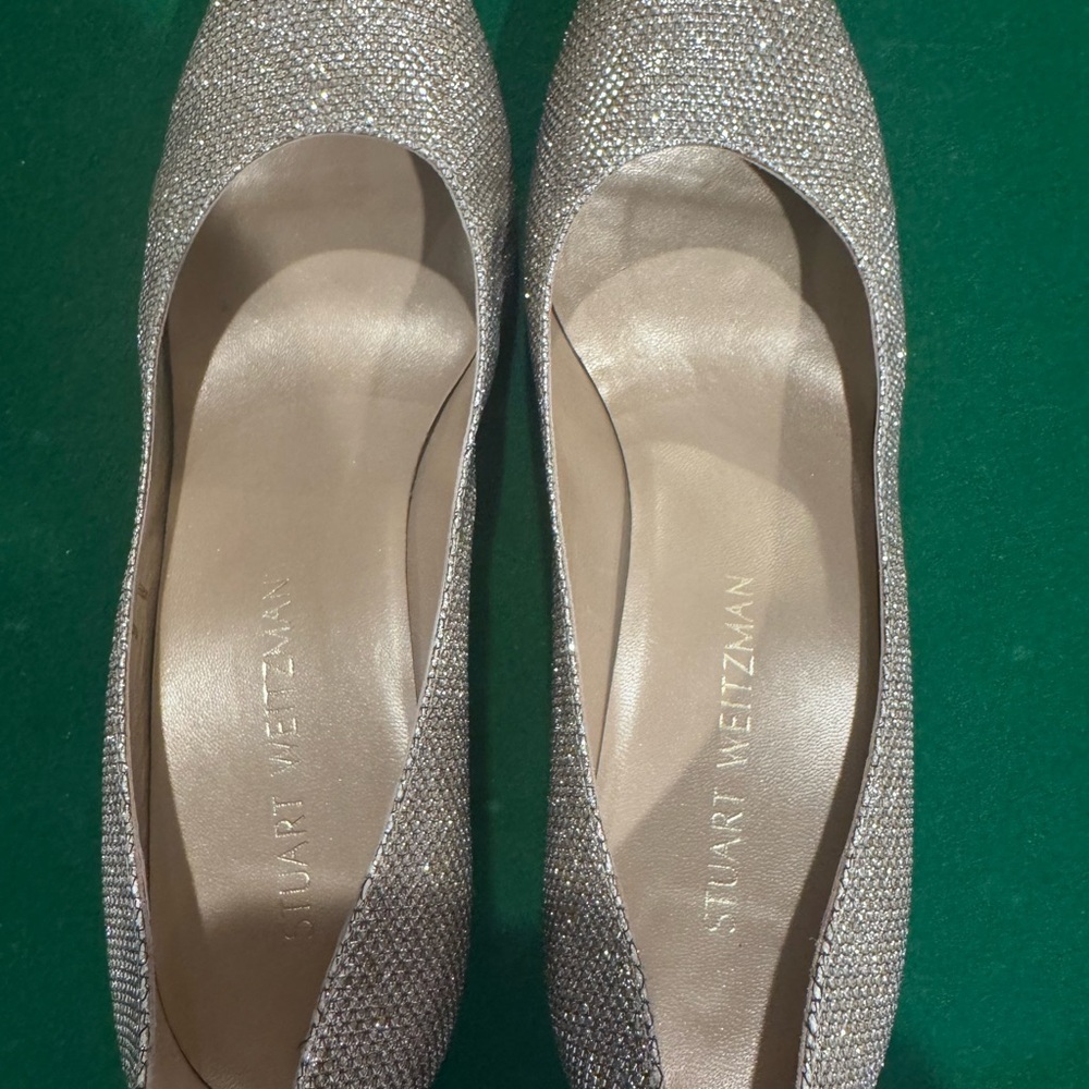 Stuart Weitzman Glittering Silver -Gold Peep-Toe Heels - Picture 5 of 6